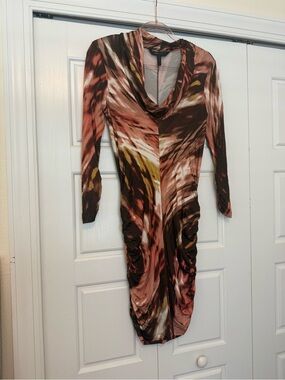 BCBGMaxAzria Multicolor Cowl Neck Y2K Long Sleeve Ruched Dress